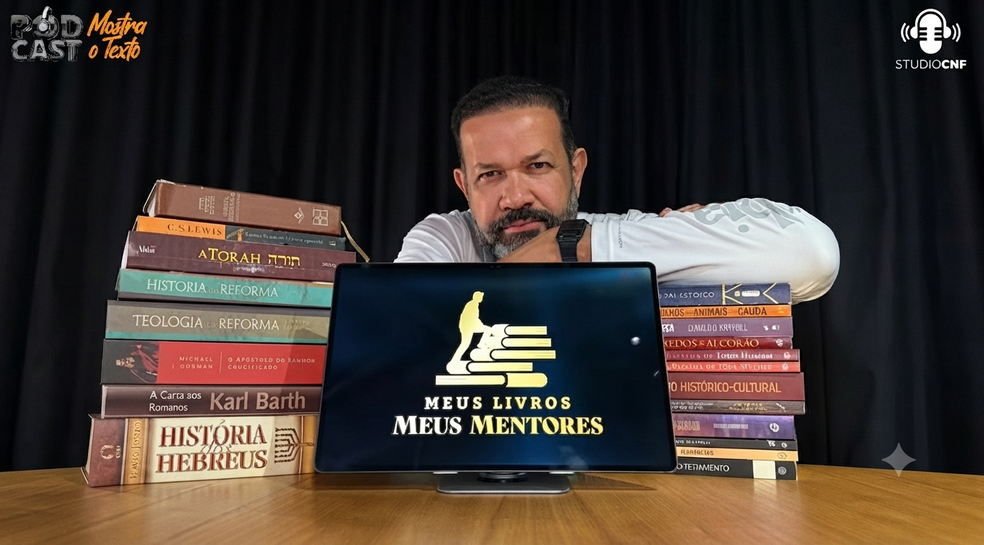 Pr. Sezar Cavalcante ao lado de pilhas de livros e um tablet com a marca Meus Livros, Meus Mentores